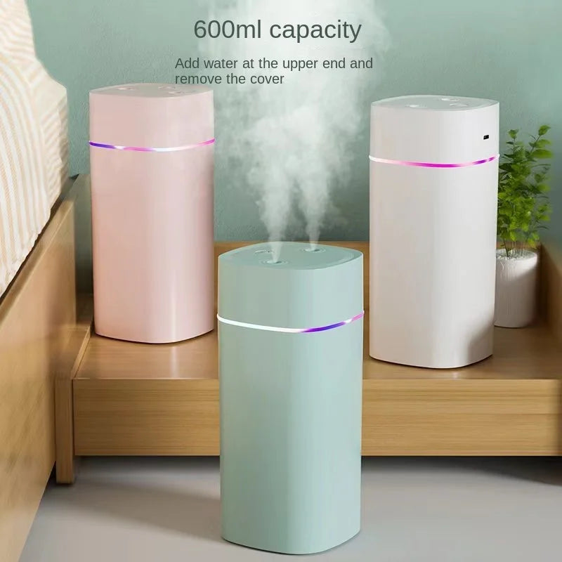 Dual-Nozzle USB Humidifier | 600ml/H Super Mist & Ultra Quiet | Car/Home Moisturizing Device