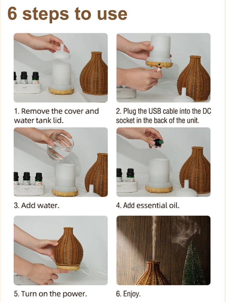 USB Air Humidifiers Imitation Rattan Essential Oil Diffuser Aroma Aromatherapy Diffusers with Waterless Auto Shut-Off Protection